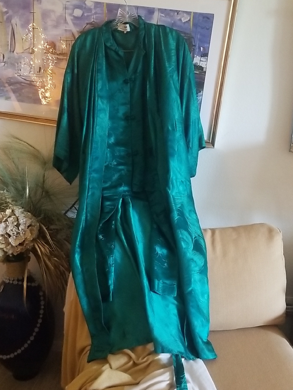 Silky Teal Satin Lounge Robe and Pajama Set Vintage